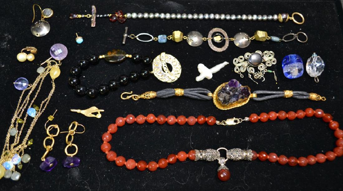 Designer and other Jewelry: Carnelian and Marcasite necklace, amethyst bracelet, designer bracelets and miscellaneous loose jewelry