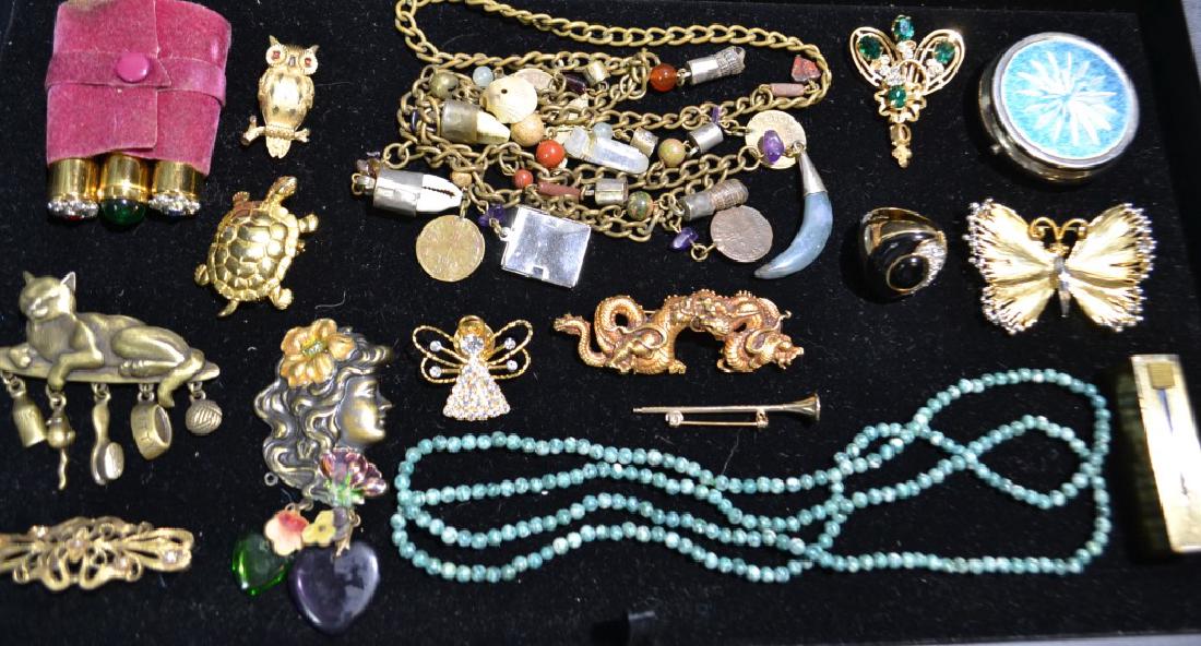 Vintage Costume Jewelry: Trifari owl Pin, copper, charm necklace cat pin turquoise beaded necklace, crystal pendant dragon pen pen other costume jewelry