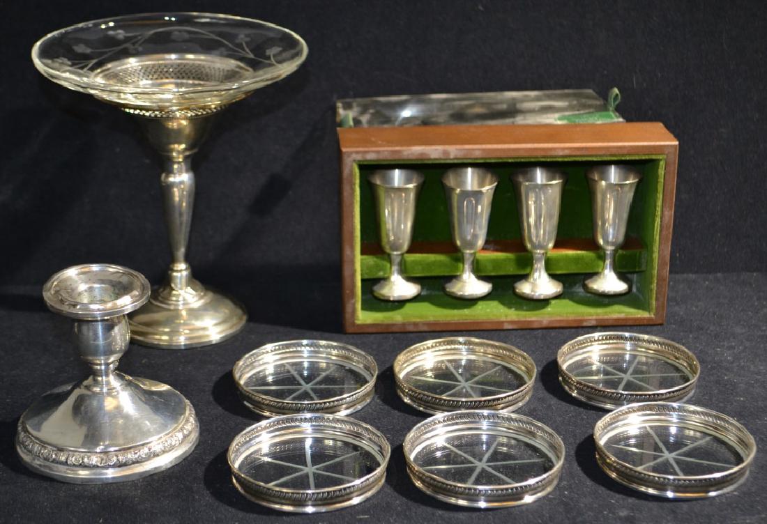 Asst.Grouping of Sterling & Weighted Sterling Item: Assorted Grouping of Sterling & Weighted Sterling Silver Items including: set of 4 Wallace Sterling cordials in box, set of 6 Sterling rim coasters, Sterling weighted compote, dense at base measures a