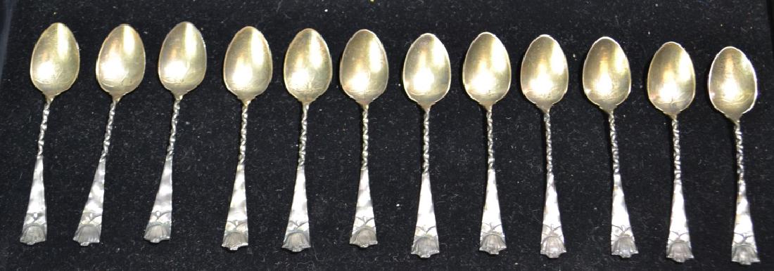 Set of 12 Sterling Jam Spoons: Set of 12 Sterling Jam Spoons marked 16 W Sterling, measuring 4" and have flowers on the top and leaves on the cup of spoon, very pretty little jam spoons - 3.05 ozT