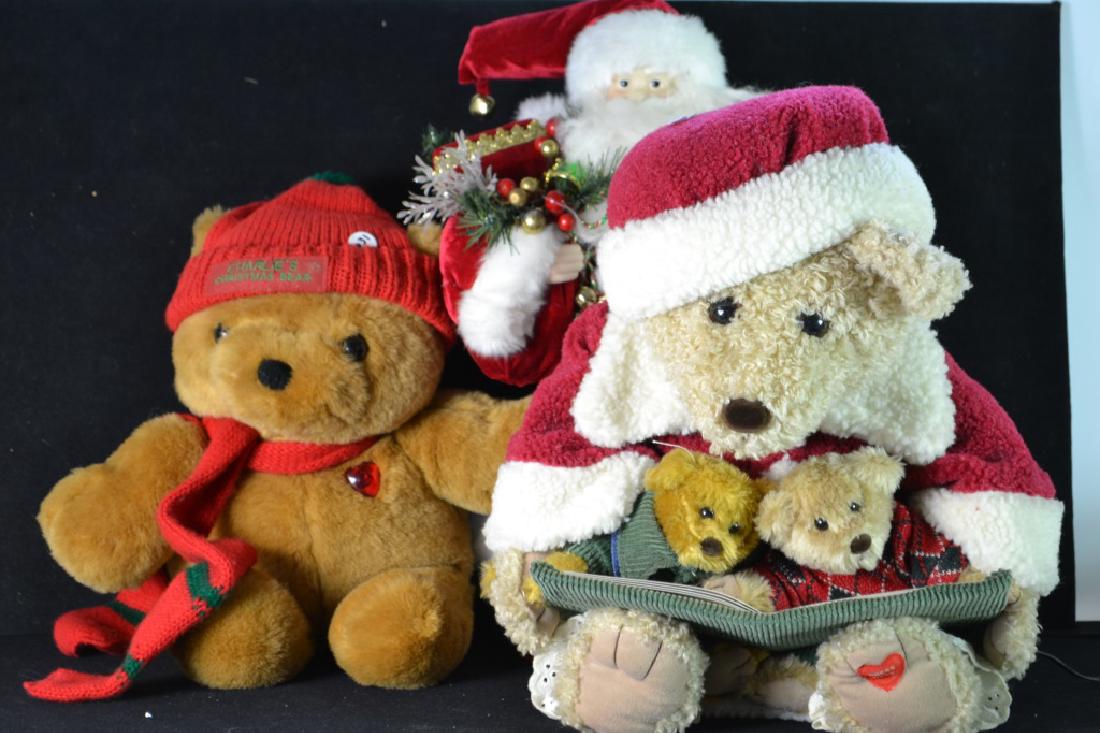 Two Musical Holiday Teddy Bears and a Santa: Two musical / interactive bears including a 1996 IPM battery powered bear that plays music, a Teddy that plays music and reads The Night Before Christmas (wall plug, working condition) and also a non-