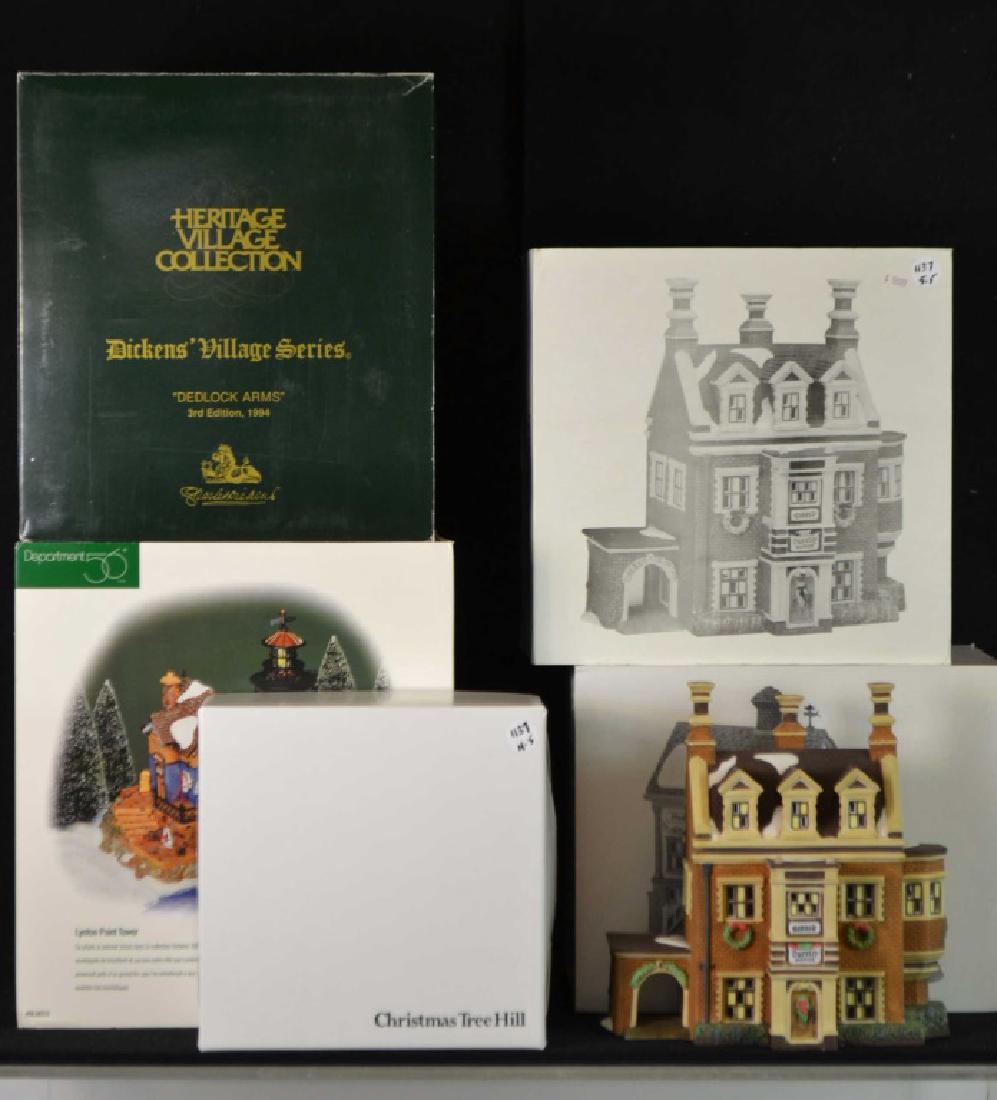Dickens' Village Series Homes and Figures: Collection of five Dickens' Village Series homes and figures including; Dursley Manor, Dedlock Arms, Lynton Point Manor, Navagatinoal Charts and Maps, and also an accessory box with Twig Snow Fence, a