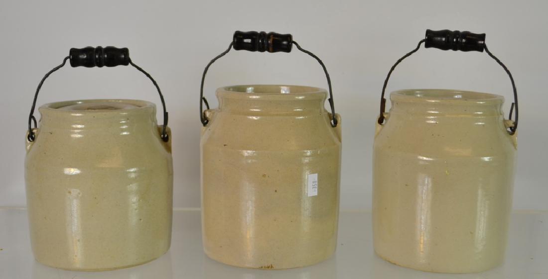Grouping of Three Antique Crocks: Grouping of Three Antique Crocks all with bail handles and original lids, all appear to be in very good to excellent condition, two measure 6"H and one measures 5.25"H