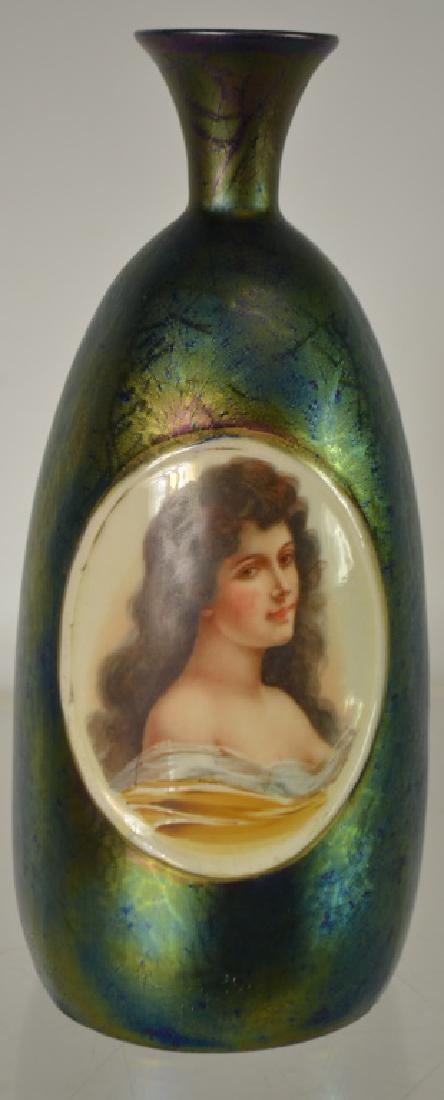 Tiffany Style Iridescent Vase w/ Enameled Portrait (1 of 2)