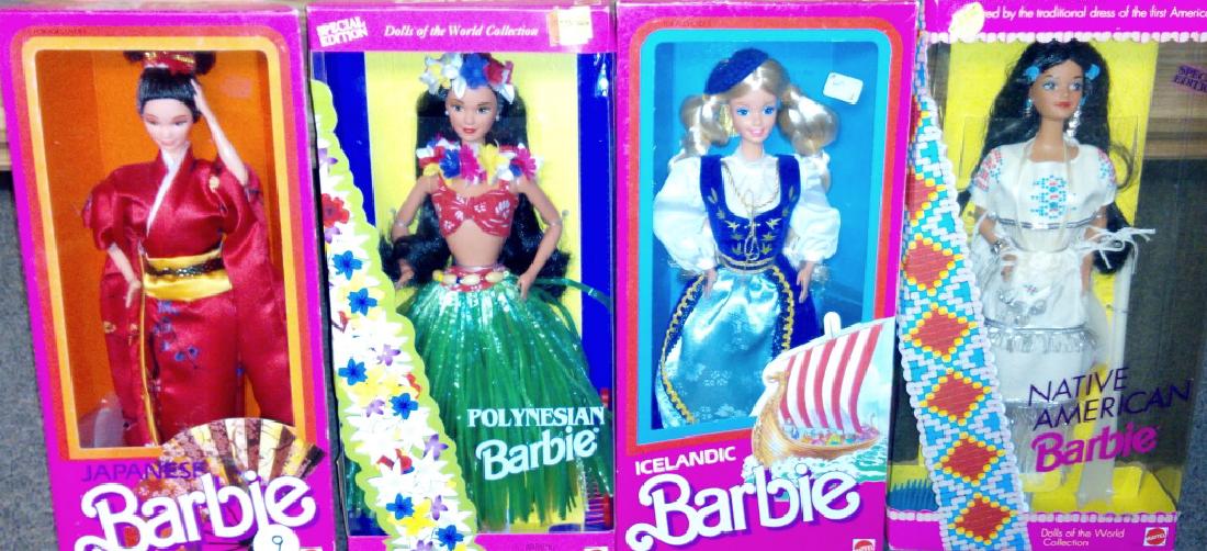 Collection of Dolls of the World Barbies: Collection includes; Japanese, Polynesian, Native American, and Icelandic Barbies (Icelandic has some paper loss to top of box)