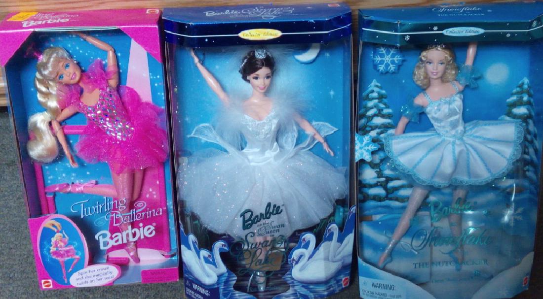 Three Ballet Barbies: Barbie as Snowflake in the Nutcracker, Barbie Snow Queen in Swan Lake, and Twirling Ballerina Barbie