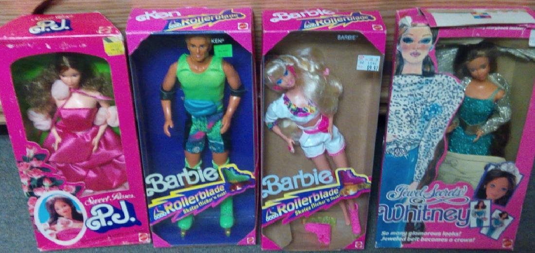 Barbie Grouping: Barbie grouping including: Roller Blade Ken and Barbie, a 1987 Jewel Secrets Whitney (box is open with some damage) and Secret Roses PJ (1983)