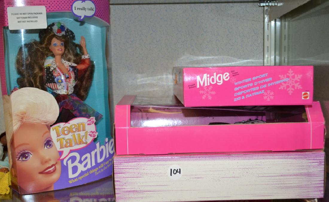Grouping of Barbies: Barbie grouping includes; Barbie Great Eras Gibson Girl, Barbie Matinee Today, Winter Sports Midge, and Teen Talking Barbie (she really talks!)