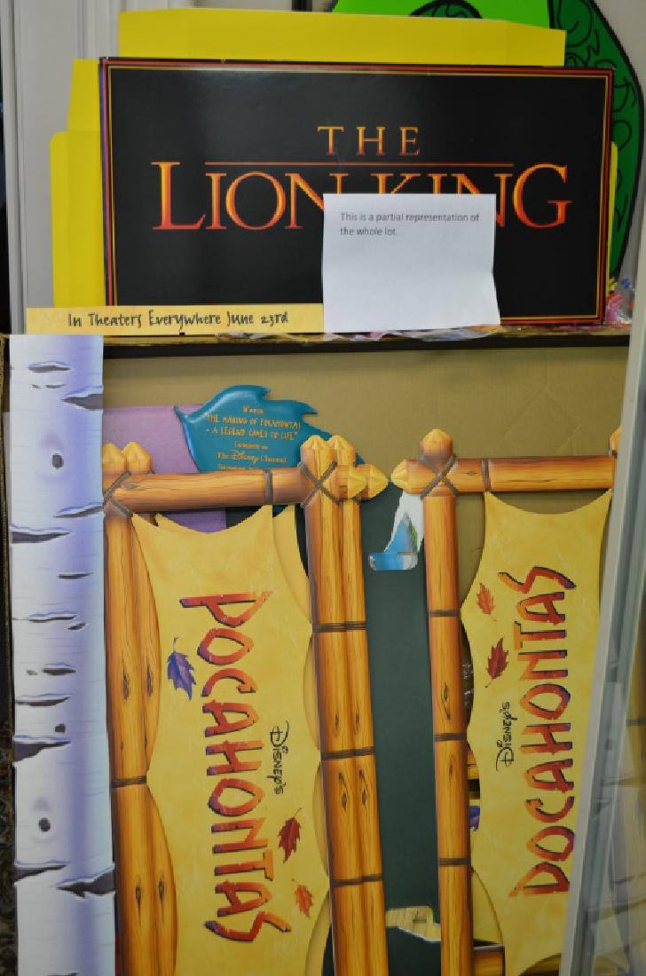 Pocahontas Promotional Backdrop with Trees and Mee: Pocahontas Promotion: phase one and phase two backdrop, with original box, box measures 42" square, including Meeko the Raccon, Birch Trees, multiple Disney Pocahontas signs, unknown if complete