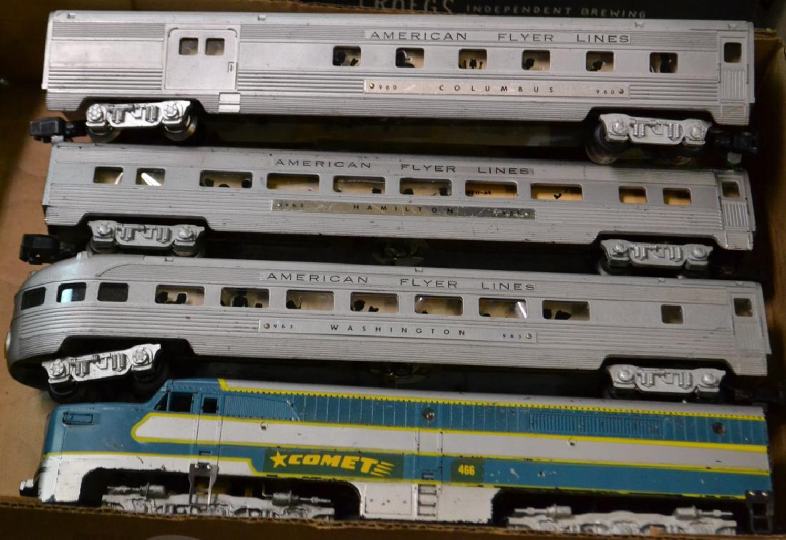 Train Set Grouping in O gauge: Grouping includes American Flyer O Gauge Comet Engine #466, three passenger cars (Columbus, Hamilton, and Washington), train shows common scratches and wear, no visual broken pieces, overall good cond