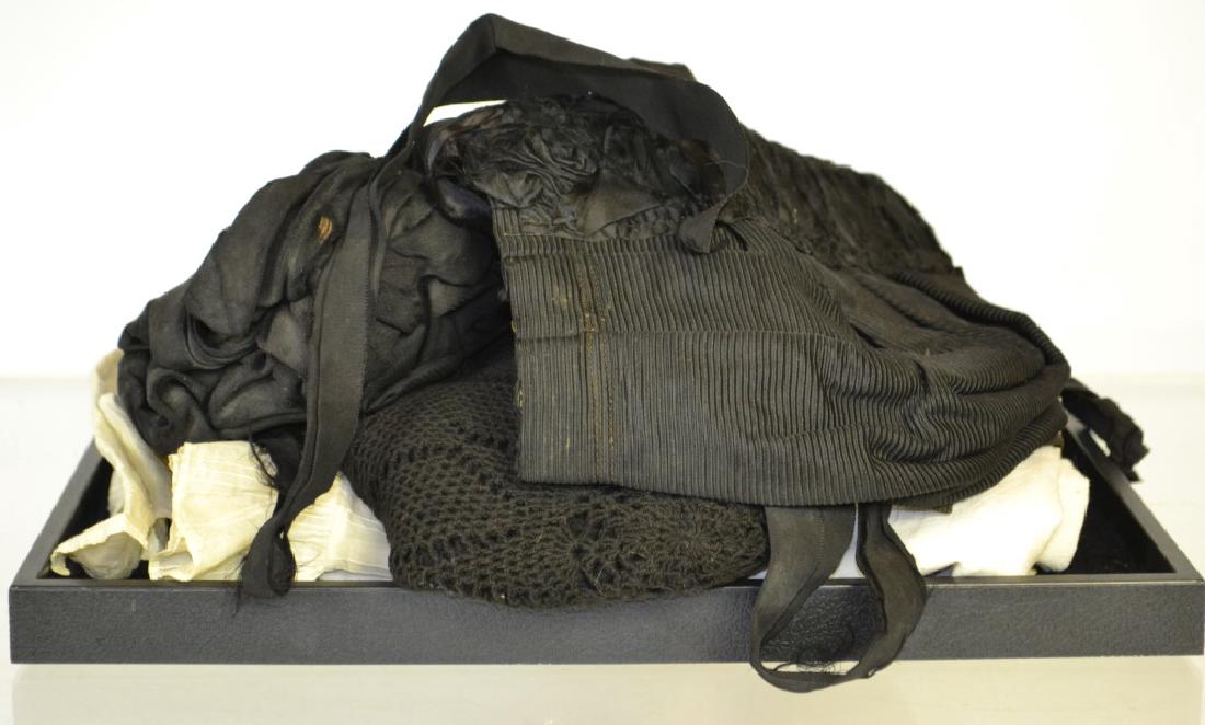 Grouping of Hand Made Victorian Clothing: Grouping of Hand Made Victorian Clothing includes; finely hand crocheted gloves, lace wristlet, three black bonnets (silk one in as-found condition) , a pair of bloomers, and some lace