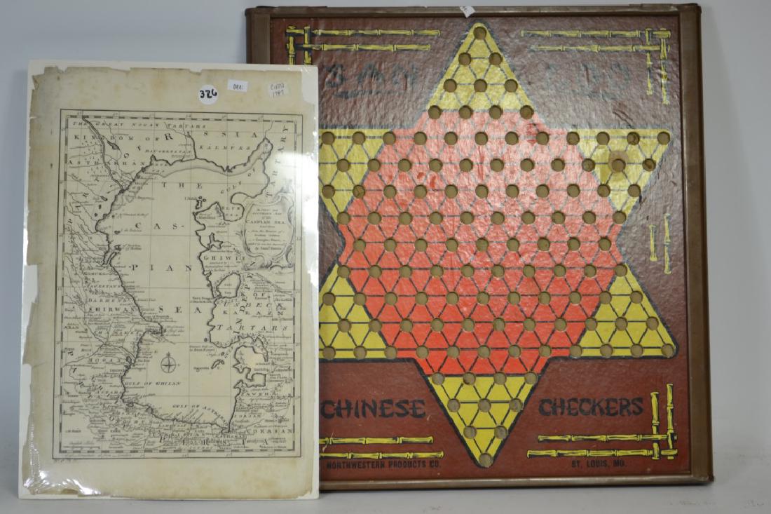 Education and Entertainment Grouping: Chinese checker board from Northwestern Products St Louis Missouri (pre zip code) and a map of the Caspian sea with apparent good age (single page map, matted on board