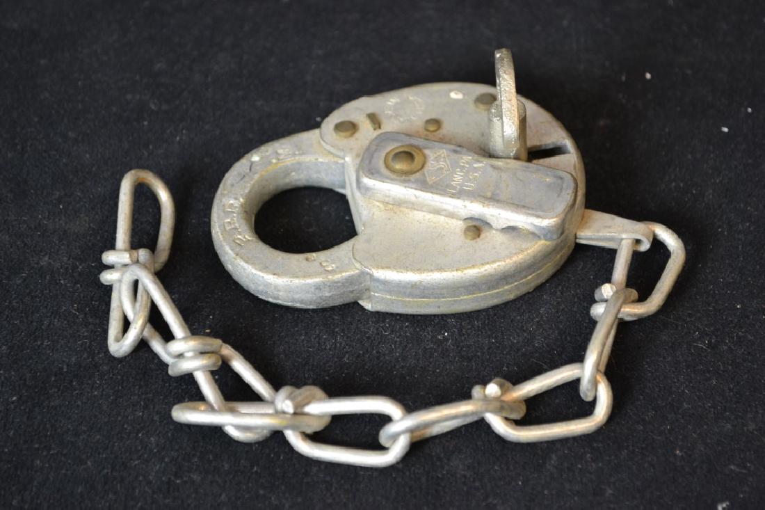 Pennsylvania Rail Road Padlock: Pennsylvania Rail Road Padlock marked PRR on front and back of lock arm, on latch cover it's marked Lancaster PA USA, item is functional and retains original key and chain