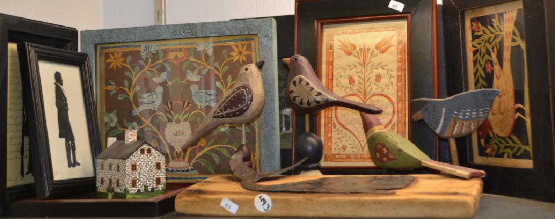 Artesian Folk Art Grouping: Artesian Folk Art grouping including four hand carved folk art birds (two by Michelle Clark), two silhouettes, One scherenschnitte dated 1982 and is of birds and flowers, folk art painted bird, German