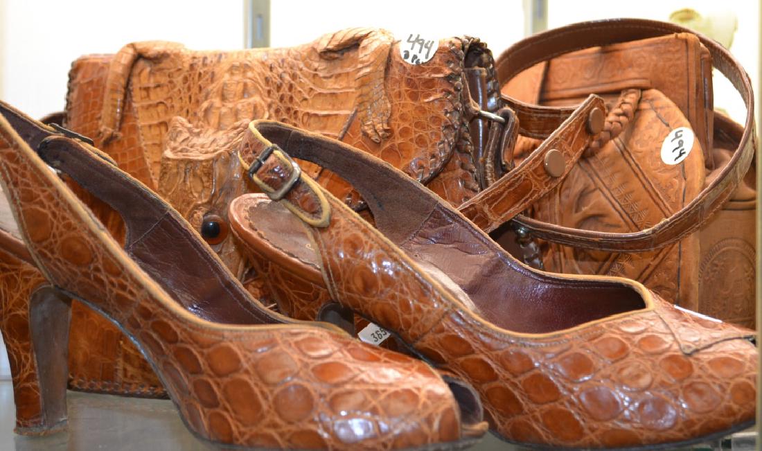 Vintage Cuban Alligator Shoes and Purse: Collection of items includes; an alligator purse, inside reads "genuine alligator made in Cuba" has two pouches one for a mirror and one zippered, appears to have no damage, measures 10" across, 7"H t