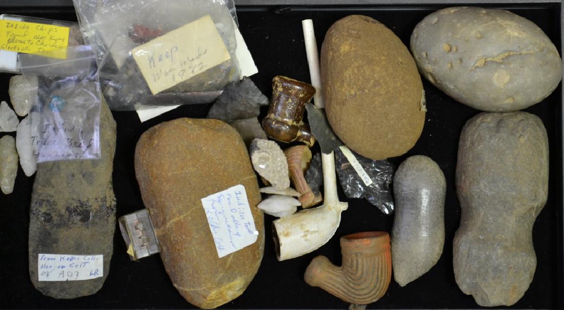 Stone Age Tools Some Susquehannock: Collection of stone age tools including Hammerstones, one marked "found in Susquehanna, near Keller College,another found at Long Level PA, two Axe Heads, a Hoe, presumed to be from the Susquehannock