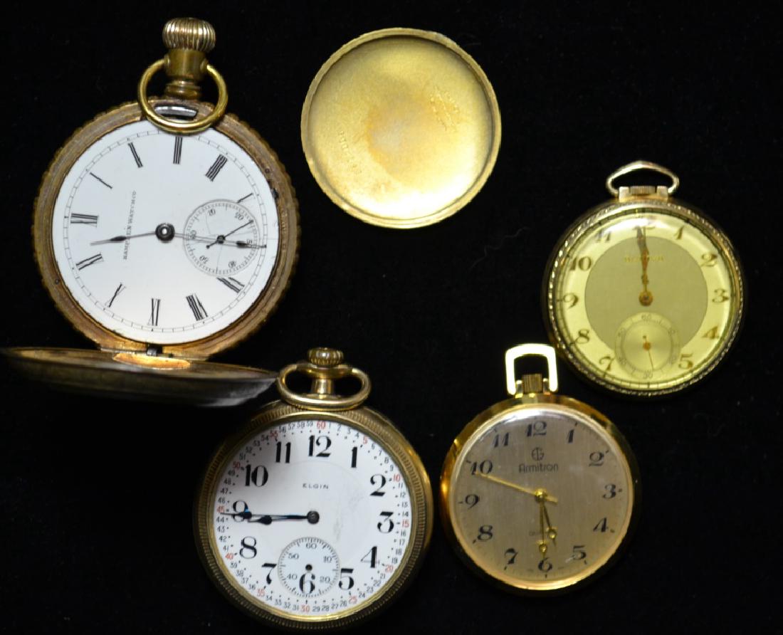 Grouping of Pocket Watches: Grouping of Pocket Watches including: Hampden Watch Co , in hunt case (running, missing crystal) movement # 261383, case # 8982, Bulova Pocket watch movement # 17AH, case # 5004135 17 jewels, swiss un