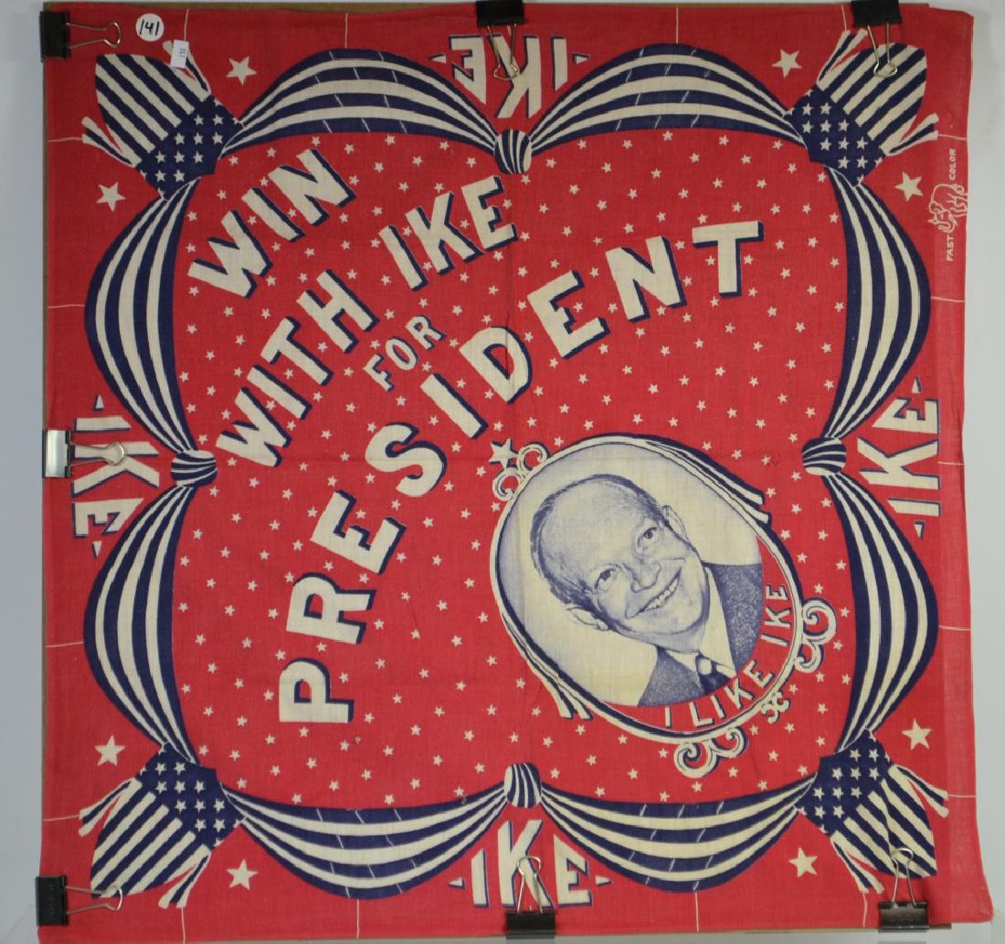 "I Like Ike" Square banner: Red and White square banner, on the angle promoting "Win with Ike for President" - measuring appx 25" square, good condition with no holes or staining.
