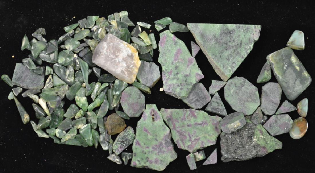 Collection of Green Stones With Ruby Inclusions: Green stone collection with Ruby inclusions, Copper bearing Rolite, and more