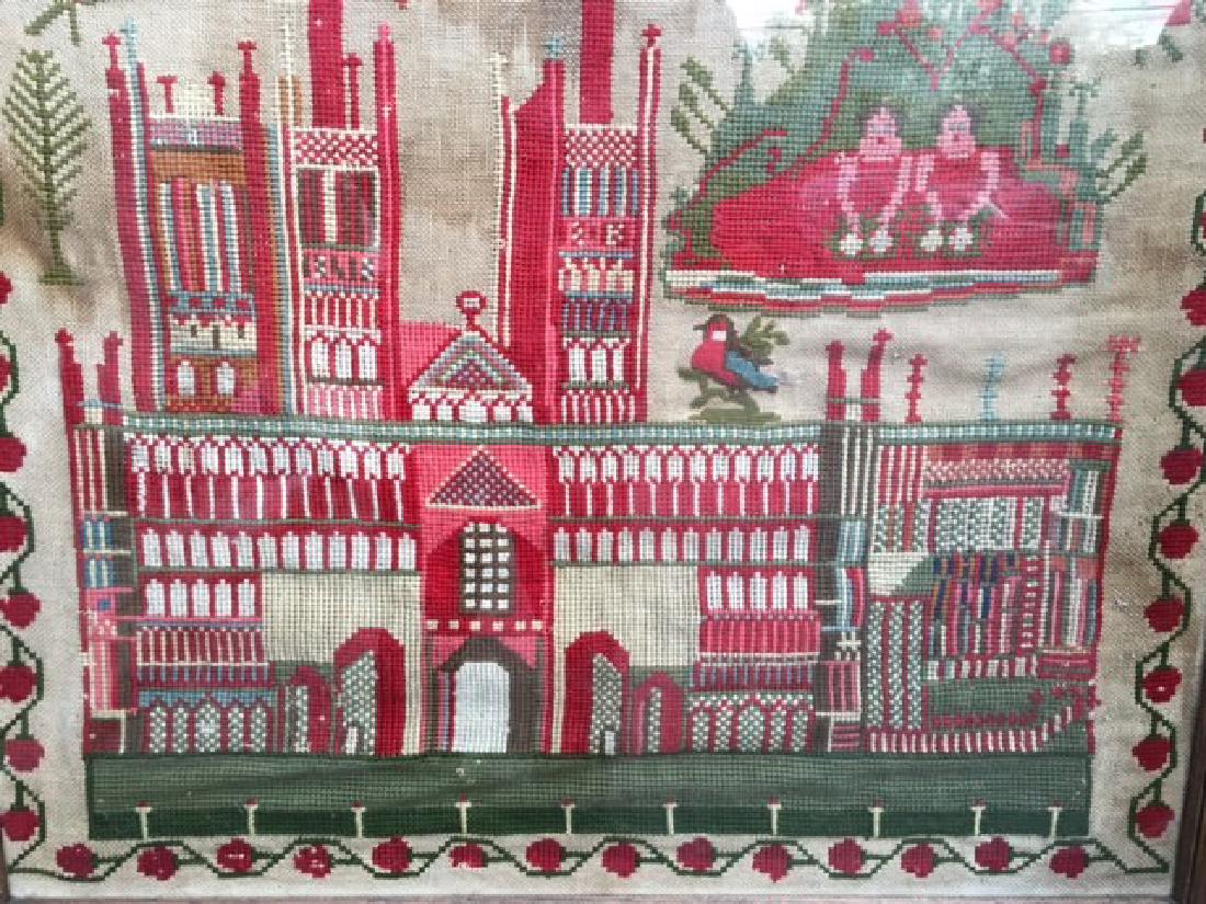 Exceptional Sampler by Mary Holt 1856: Exceptional Sampler by Mary Holt 1856, sampler depicts. large church with steeples, angels, dove, fruit reads, : "Mary Holt work finished, October 20th 1856; When you pluck the rose, beware the thorn"