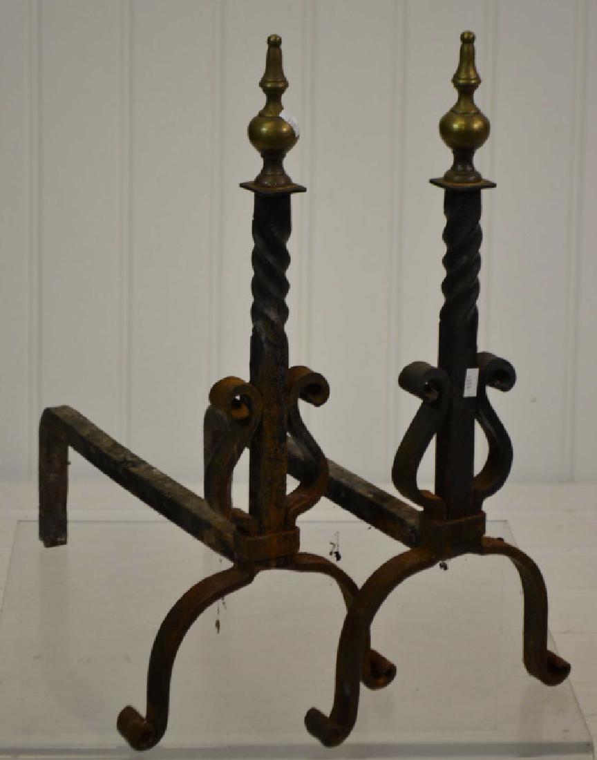 Iron and Brass Arts and Crafts Andirons: Iron and Brass Arts and Crafts Andirons 14"h x 18"l; some oxidation