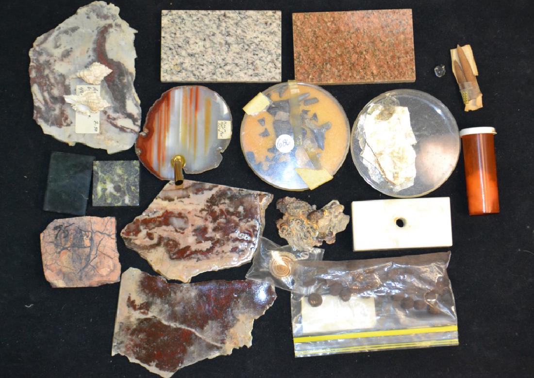 Mixed Mineral Grouping: Mixed Mineral Grouping including Iron Ore Pellets, Serpetine, Agate Slabs, and Shark Teeth. Special shipping arrangements must be made due to weight.