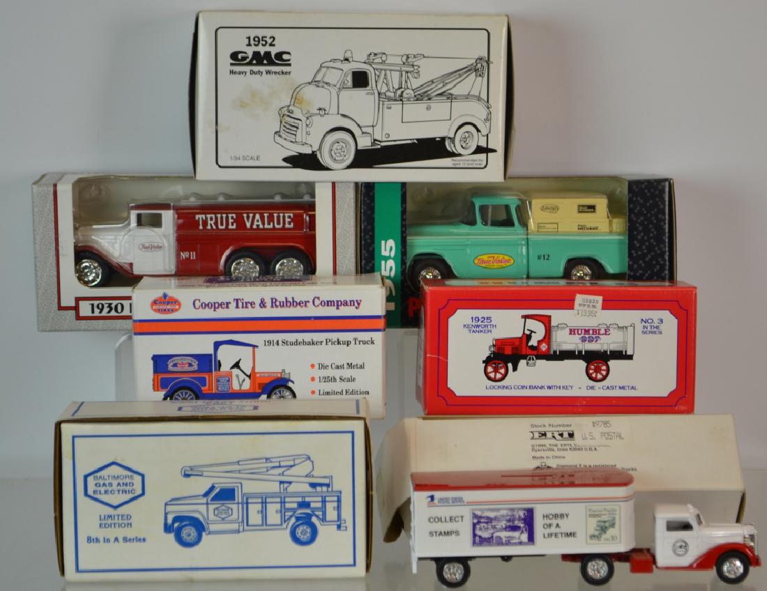 Cast Ertl Truck Banks and more: Cast Ertl Truck Banks; 5 Ertl truck banks including 2 True Value, Humble, Postal, Baltimore Gas along with 2 non Ertl trucks