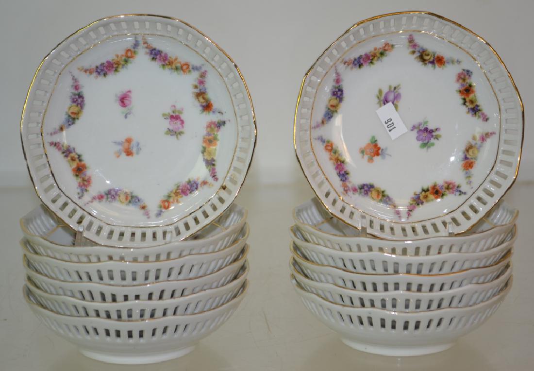 Set of 12 Antique Bavarian Reticulated Berry Bowls: Antique Schumann Bavarian reticulated berry bowls in a floral pattern and gold flashing