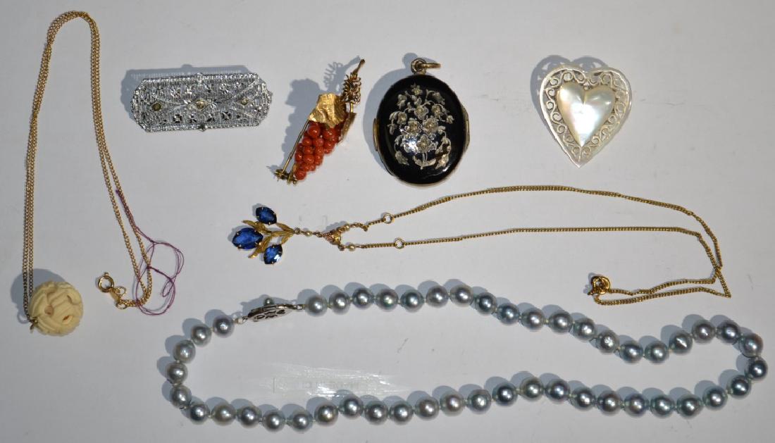Victorian Jewelry Grouping: Grouping includes; a Coral Grape brooch, a mourning locket with seed pearls, a gray pearl necklace with silver clasp, and more
