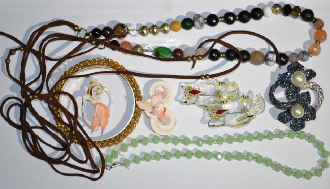 Vintage Lucite Owl Pins and more: Grouping includes Lucite Owl pins, shell jewelry, and a stone necklace
