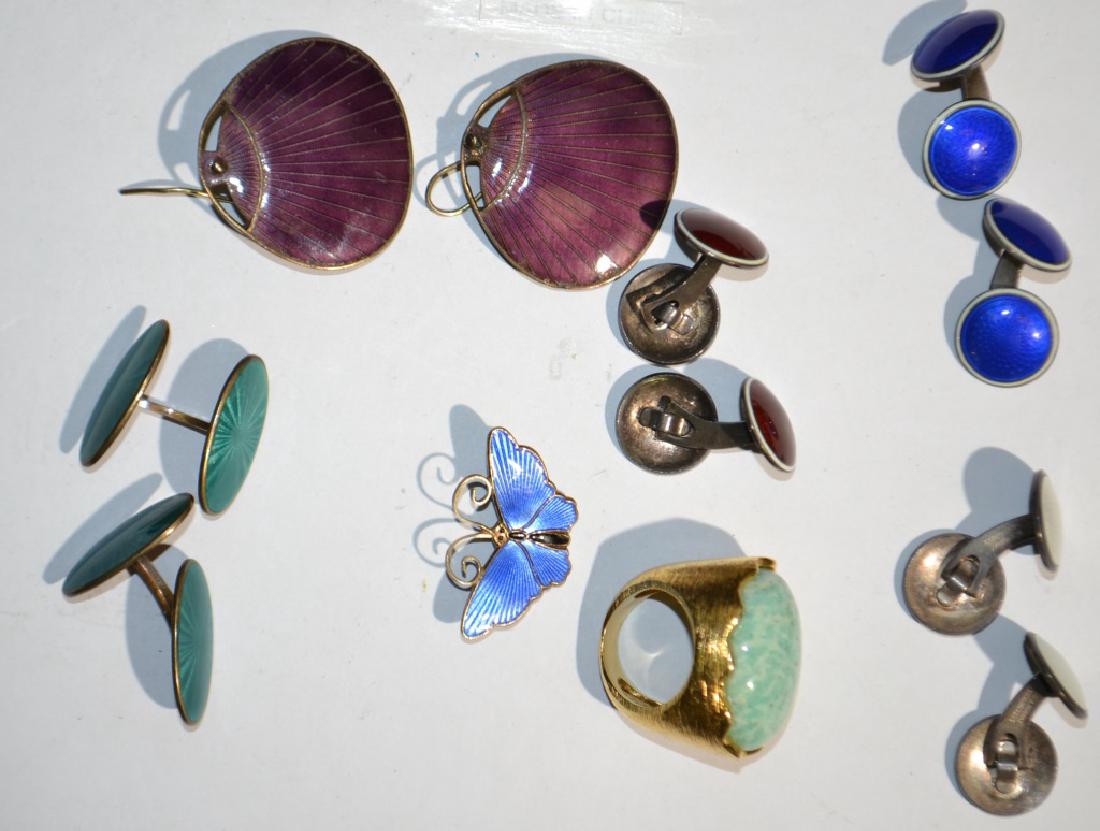 Vintage Jewelry Grouping: Grouping including; David Anderson multicolored enameled cufflinks, a blue enameled butterfly pin, a purple enamel shell shaped earrings
