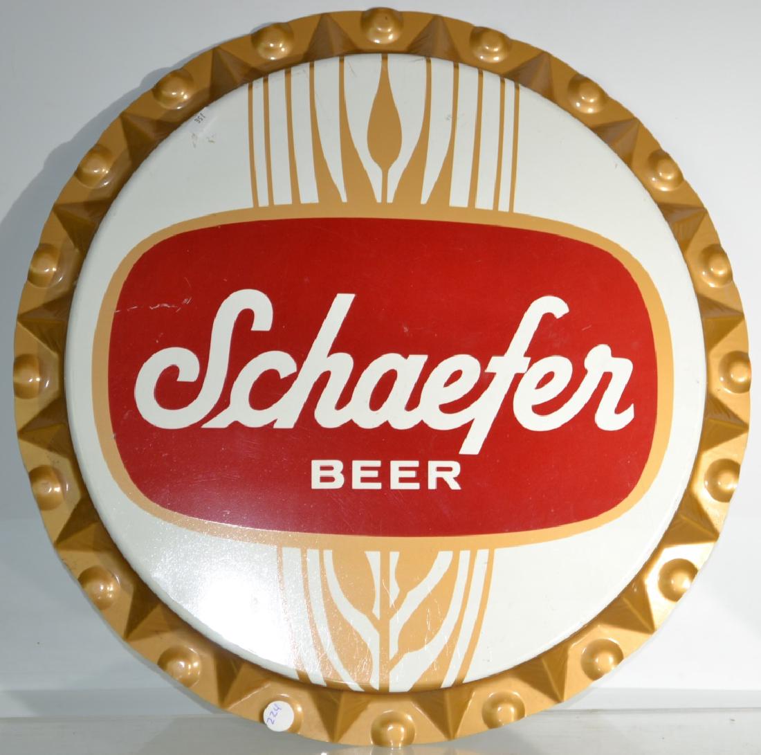 Vintage Tin Schaefer Beer Sign: Vintage Tin Schaefer Beer Sign in the form of a beer cap, in very good condition, at the bottom it reads "The F and M Schaefer Brewing Company, Lehigh Valley PA 8283-S-8a" sign is 3D
