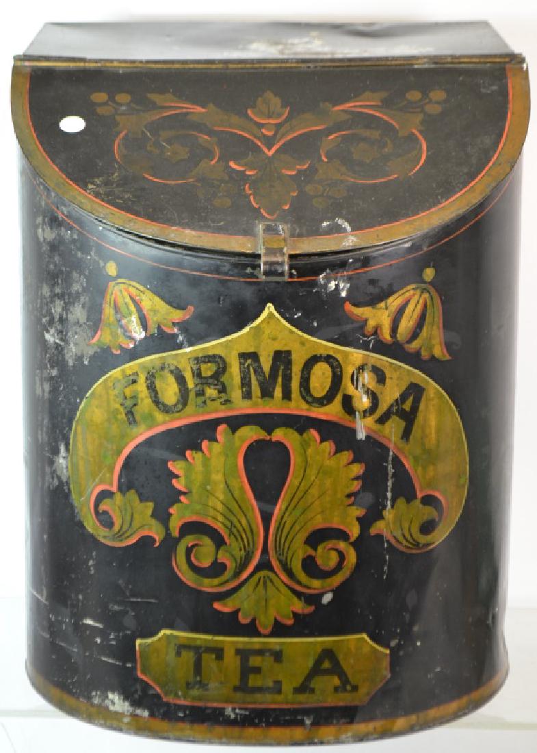 Toleware General Store Tea Caddy,: Toleware General Store Tea Caddy, MASSIVE, Antique Formose brand caddy, all original stencils and paint (paint loss due to age) tin in good condition, standing 20"H x 16"W x 20"D