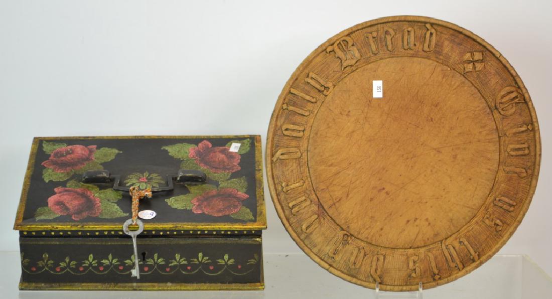 Antique Breadboard And Tole Box: Antique breadboard and tole box breadboard reads give us this day our daily bread 12 in in diameter. + Antique toll painted box with key