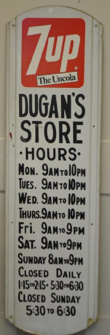Vintage 7UP General Store Sign: Vintage 7 up general store sign 1970's Dugan's store with store hours sign is made of tin good paint and in good condition sign is 56 in tall