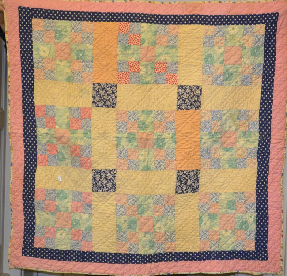 Hand Stitched Antique Crib Quilt: Hand stitched antique crib quilt, made from vintage feed sacks; double border quilt - first pink than blue background with stars, no stains or damage, measure approx. 38inx38in