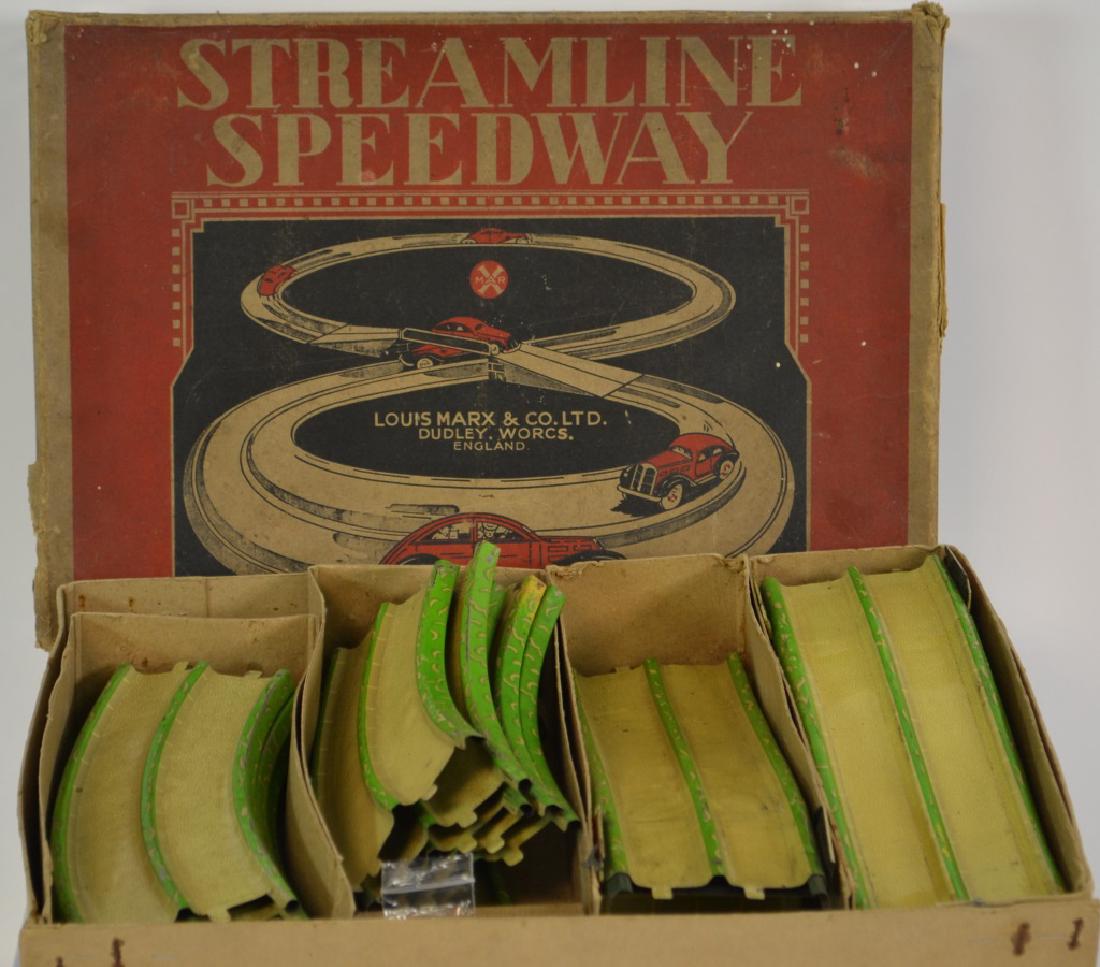 Louis Marx #250 Streamline Speedway: In original box includes two wind up cars with key 16 pieces track, good graphics, both cars work..