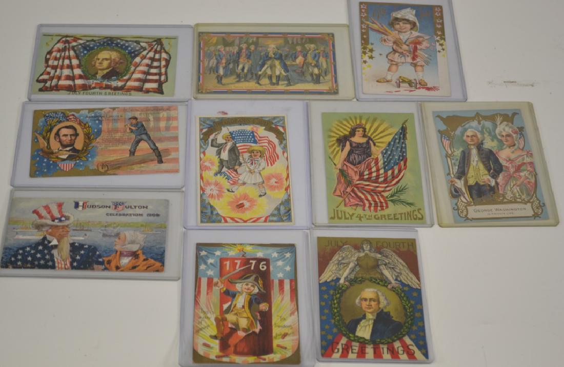 Early 20th C. 4th of July Postcards: 10 Postcards depicting George and Martha Washington, Abe Lincoln, Hudson Fulton Celebration 1909 and more. All are old, in sleeves, in very good condition.