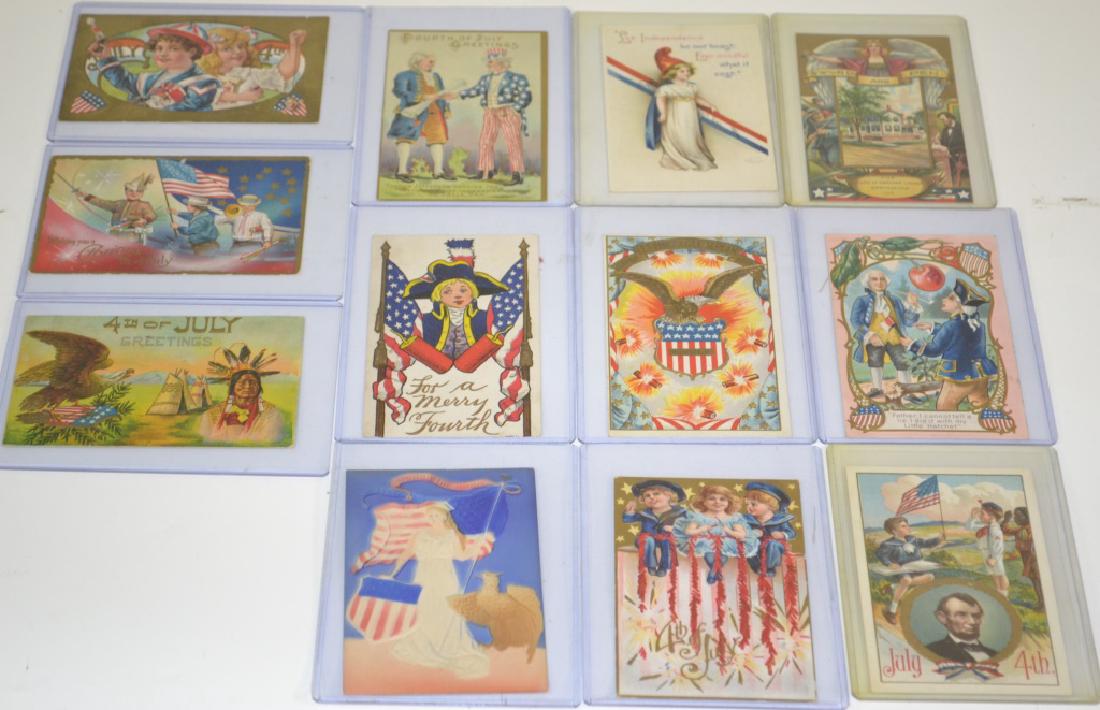 Early 20th C. 4th of July Postcards: 12 Postcards depicting Native American, Eagles, Abe Lincoln, Sword and Pen and more. All are old and in sleeves - very good condition.