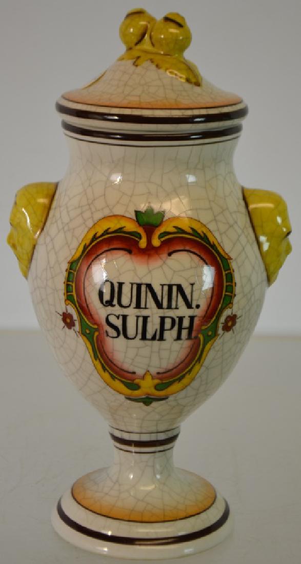 German Apothecary Jar: Made by Bogen Germany. Hand painted under glaze. Reads "Quinin.sulph." Has 2 handles with faces and double acorn finial. Approx. 11"h. No chips or cracks, item is heavily crazed.