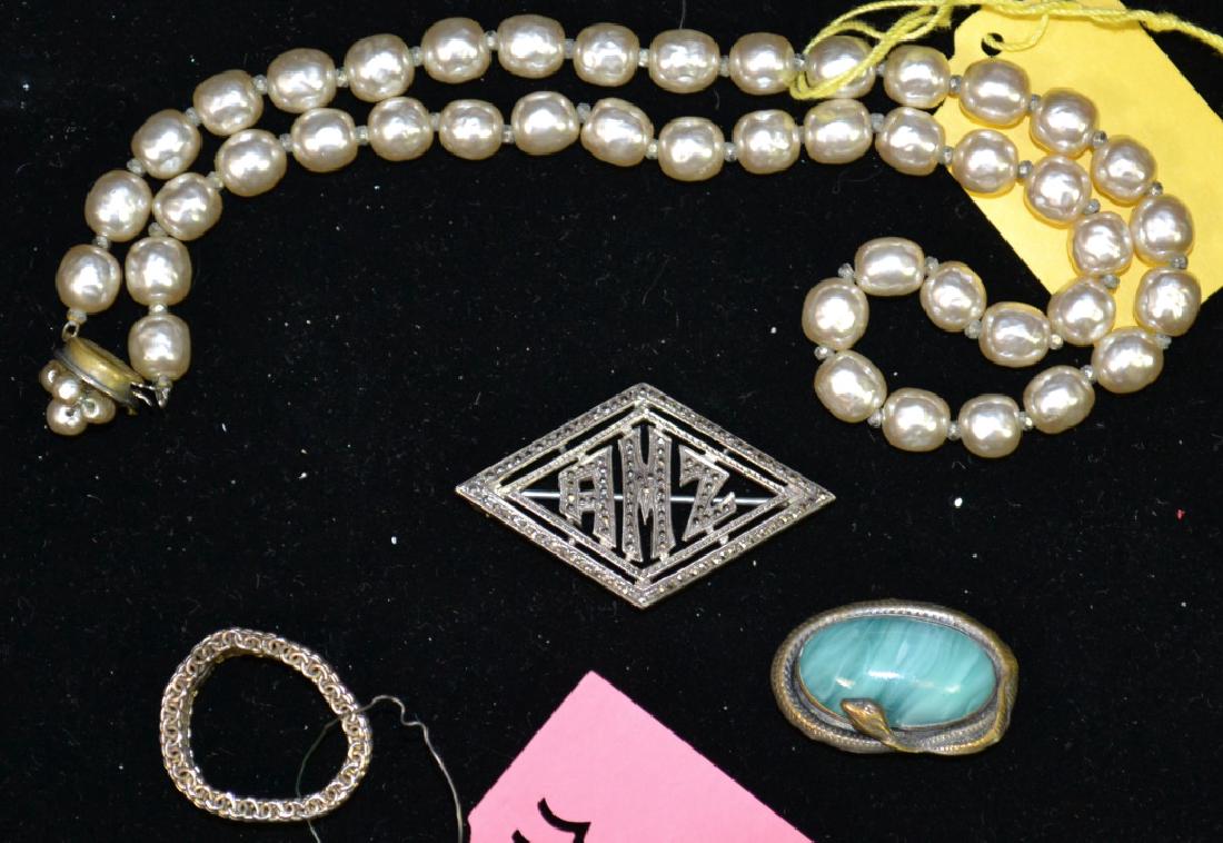 Tiffany and Haskell Jewelry Grouping: Including a Miriam Haskell necklace, Tiffany & CO basket weave ring. 2 nice pins. 1 is snake.