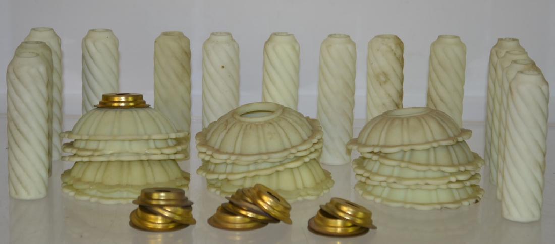 Victorian Satin Glass Candle Lamps 14 satin glass: 14 satin glass candle covers, 14 bases, and 12 glass rings. Circa 1890. condition good for age.