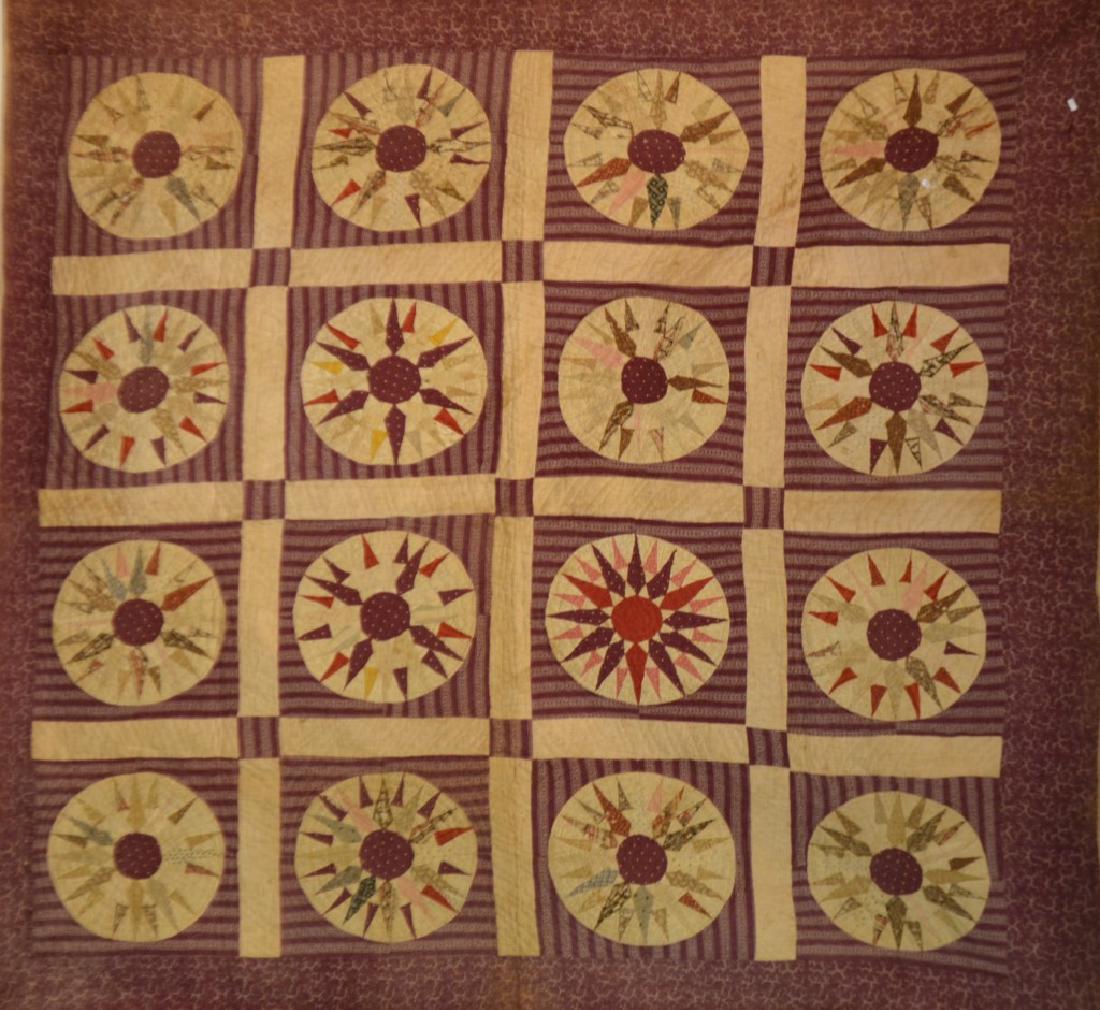 Circle and Star Quilt Measures 76"h x 80"w. Mid 19th (1 of 2)