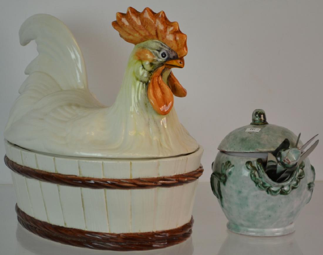 Italian Ceramic Grouping: Including a large hen-on-nest game pot marked "made in Italy". It measures approx. 12"h x 11"long. Also, a contemporay Majolica condiment pot with fruit knifes.