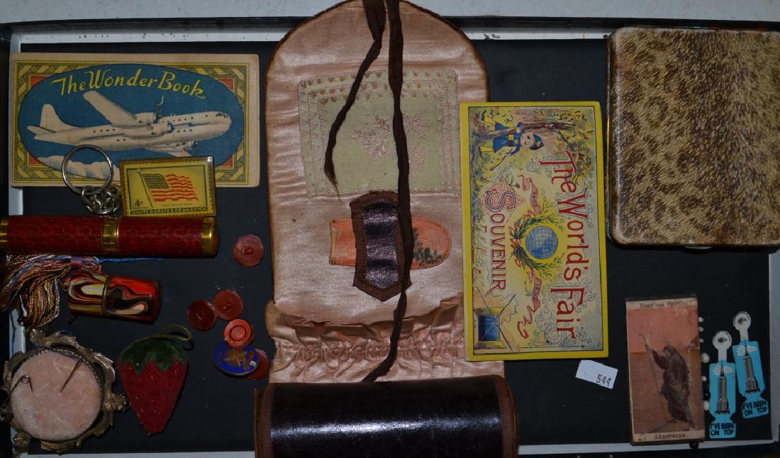 Sewing Grouping: Including 2 etuis, 2 pin cushions - 1 is a strawberry, a needle pack and more.