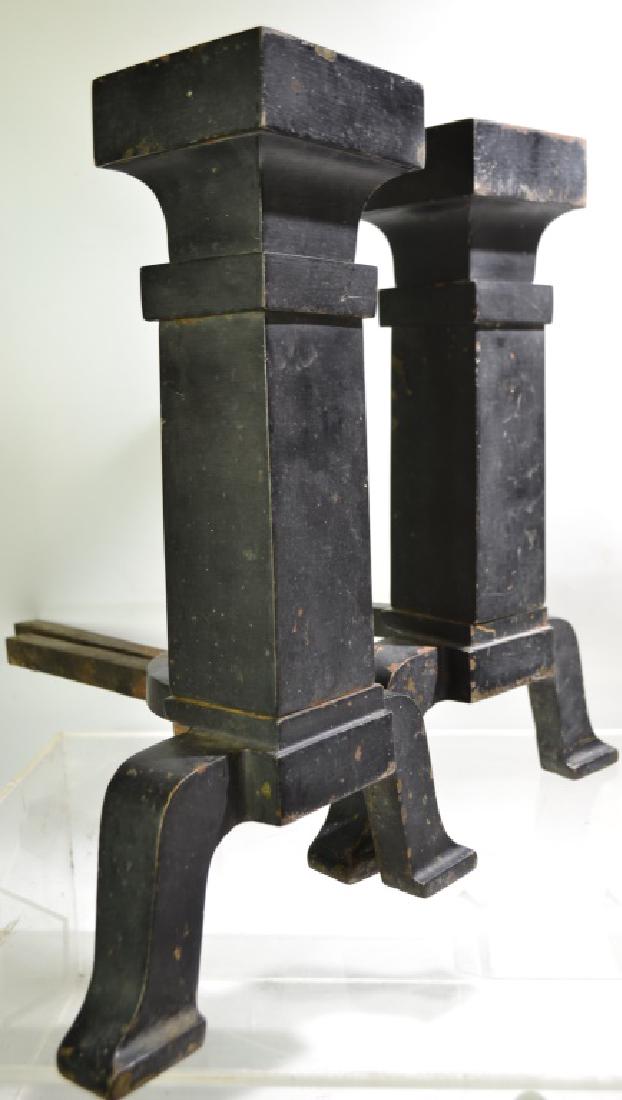 Pair of Arts and Crafts Andirons: Approx. 17" high x 18" to end of dog. Cast iron construction, classical design and original paint. Has wear consistent with age. Circa 1910.