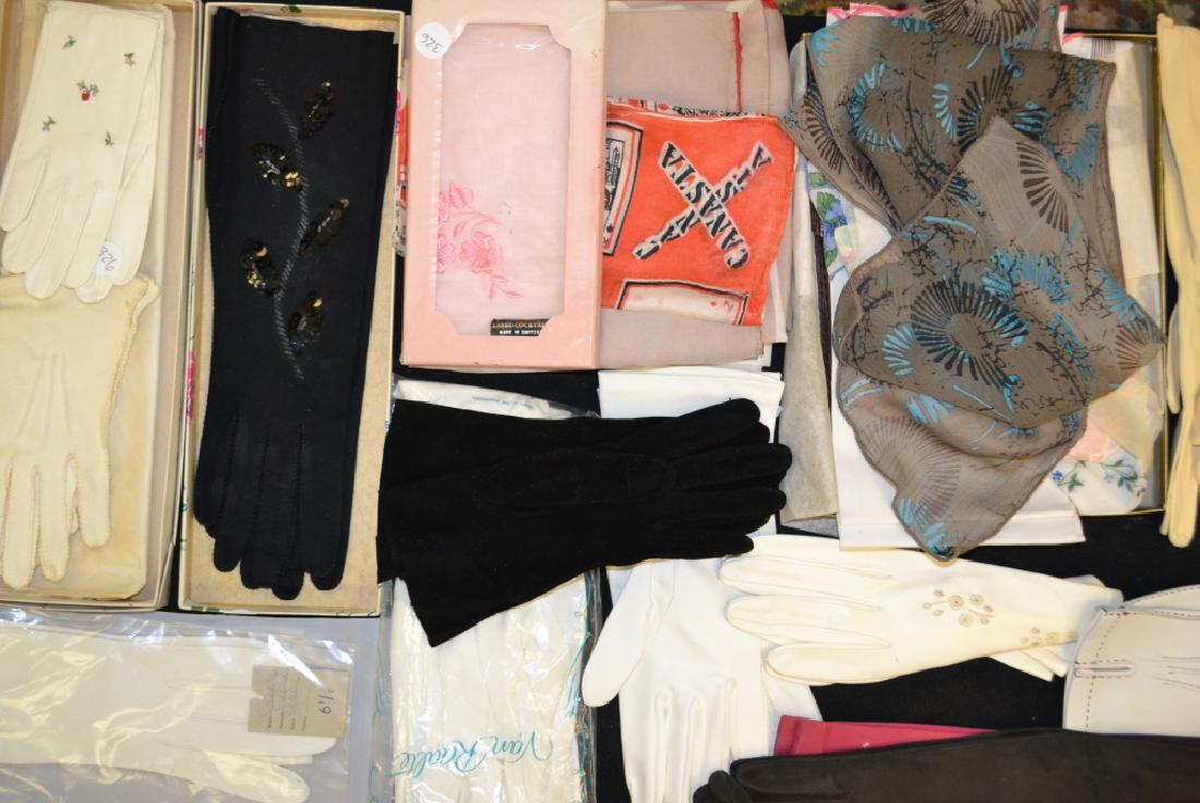 Vintage Ladies Gloves and Scarves: Including 12 pairs of ladies gloves made of velvet, kid leather, and satin. Some in original boxes. Also a grouping of various silk and nylon scarves.