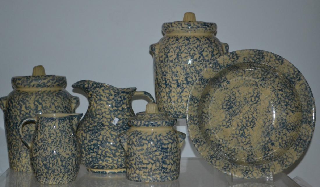 Robinson Rams Bottom Sponge Decorated Canisters: Largest measures 10 1/2"h with a mixing bowl , pitcher and butter bowl.