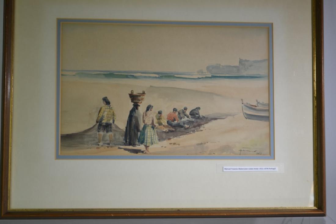 Watercolor Signed Manuel Tavares 1967: Exposed area measures approx. 9 1/2"h x 15"w. Depicts people along a beach. Signed and dated lower right, Item is double matted and professionally framed. Tavares is a listed Portuguese artist who liv