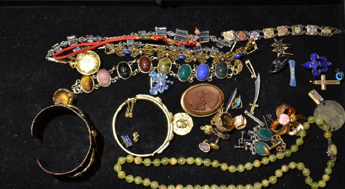 Victorian to 1940's Mixed Grouping: Including an enameled and fleur de lis pin, a silver cloisonne pin, a Florenza scarab bracelet, a cameo pin and much more.